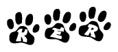The image shows a series of animal paw prints arranged horizontally. Within each paw print, there's a letter; together they spell Ker