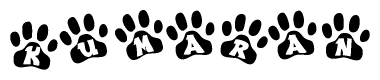 The image shows a series of animal paw prints arranged in a horizontal line. Each paw print contains a letter, and together they spell out the word Kumaran.