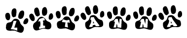 The image shows a series of animal paw prints arranged in a horizontal line. Each paw print contains a letter, and together they spell out the word Litanna.