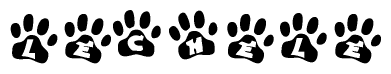 The image shows a series of animal paw prints arranged in a horizontal line. Each paw print contains a letter, and together they spell out the word Lechele.