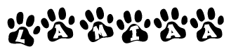 The image shows a series of animal paw prints arranged horizontally. Within each paw print, there's a letter; together they spell Lamiaa