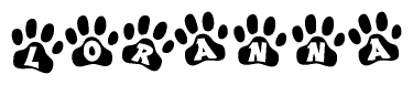 The image shows a series of animal paw prints arranged in a horizontal line. Each paw print contains a letter, and together they spell out the word Loranna.