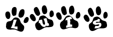 The image shows a series of animal paw prints arranged horizontally. Within each paw print, there's a letter; together they spell Luis
