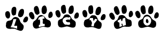 The image shows a series of animal paw prints arranged in a horizontal line. Each paw print contains a letter, and together they spell out the word Licyho.