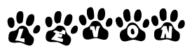 The image shows a series of animal paw prints arranged horizontally. Within each paw print, there's a letter; together they spell Levon