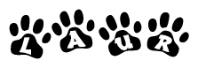 The image shows a row of animal paw prints, each containing a letter. The letters spell out the word Laur within the paw prints.