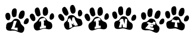 The image shows a row of animal paw prints, each containing a letter. The letters spell out the word Liminet within the paw prints.