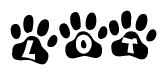 The image shows a series of animal paw prints arranged in a horizontal line. Each paw print contains a letter, and together they spell out the word Lot.