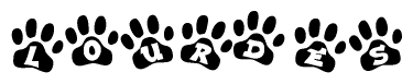 The image shows a row of animal paw prints, each containing a letter. The letters spell out the word Lourdes within the paw prints.