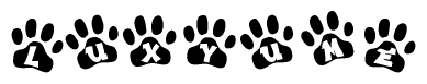 The image shows a row of animal paw prints, each containing a letter. The letters spell out the word Luxyume within the paw prints.