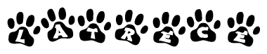 The image shows a series of animal paw prints arranged in a horizontal line. Each paw print contains a letter, and together they spell out the word Latrece.