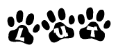 The image shows a series of animal paw prints arranged horizontally. Within each paw print, there's a letter; together they spell Lut