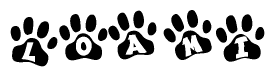 The image shows a series of animal paw prints arranged in a horizontal line. Each paw print contains a letter, and together they spell out the word Loami.