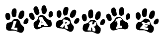 The image shows a series of animal paw prints arranged horizontally. Within each paw print, there's a letter; together they spell Larkie