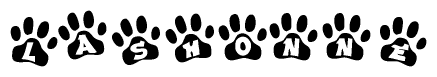 The image shows a series of animal paw prints arranged in a horizontal line. Each paw print contains a letter, and together they spell out the word Lashonne.