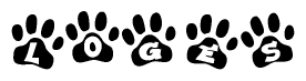 The image shows a series of animal paw prints arranged in a horizontal line. Each paw print contains a letter, and together they spell out the word Loges.