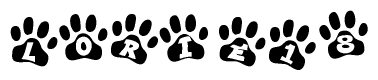 The image shows a series of animal paw prints arranged horizontally. Within each paw print, there's a letter; together they spell Lorie18