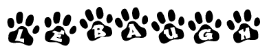 The image shows a row of animal paw prints, each containing a letter. The letters spell out the word Lebaugh within the paw prints.