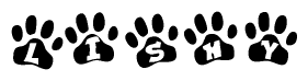 The image shows a series of animal paw prints arranged in a horizontal line. Each paw print contains a letter, and together they spell out the word Lishy.