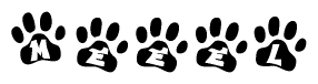 The image shows a series of animal paw prints arranged horizontally. Within each paw print, there's a letter; together they spell Meeel