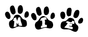 The image shows a series of animal paw prints arranged in a horizontal line. Each paw print contains a letter, and together they spell out the word Mie.