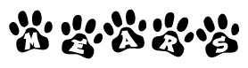 The image shows a series of animal paw prints arranged horizontally. Within each paw print, there's a letter; together they spell Mears