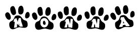 The image shows a row of animal paw prints, each containing a letter. The letters spell out the word Monna within the paw prints.