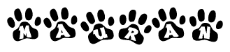 The image shows a row of animal paw prints, each containing a letter. The letters spell out the word Mauran within the paw prints.