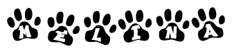 The image shows a series of animal paw prints arranged in a horizontal line. Each paw print contains a letter, and together they spell out the word Melina.