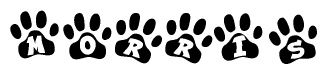 The image shows a series of animal paw prints arranged horizontally. Within each paw print, there's a letter; together they spell Morris