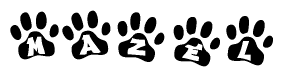 The image shows a row of animal paw prints, each containing a letter. The letters spell out the word Mazel within the paw prints.