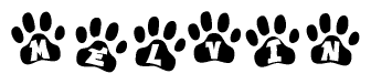 The image shows a row of animal paw prints, each containing a letter. The letters spell out the word Melvin within the paw prints.