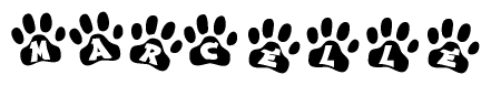 The image shows a row of animal paw prints, each containing a letter. The letters spell out the word Marcelle within the paw prints.