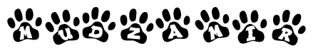 The image shows a series of animal paw prints arranged horizontally. Within each paw print, there's a letter; together they spell Mudzamir