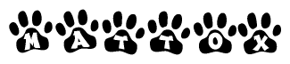 The image shows a row of animal paw prints, each containing a letter. The letters spell out the word Mattox within the paw prints.
