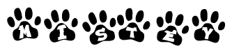 The image shows a series of animal paw prints arranged in a horizontal line. Each paw print contains a letter, and together they spell out the word Mistey.