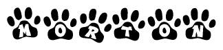 The image shows a row of animal paw prints, each containing a letter. The letters spell out the word Morton within the paw prints.