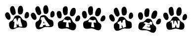 The image shows a series of animal paw prints arranged horizontally. Within each paw print, there's a letter; together they spell Matthew