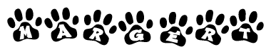 The image shows a series of animal paw prints arranged in a horizontal line. Each paw print contains a letter, and together they spell out the word Margert.