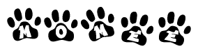 The image shows a row of animal paw prints, each containing a letter. The letters spell out the word Momee within the paw prints.
