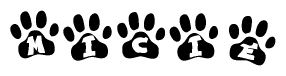 The image shows a series of animal paw prints arranged horizontally. Within each paw print, there's a letter; together they spell Micie