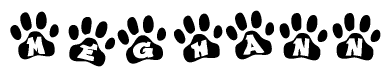 The image shows a row of animal paw prints, each containing a letter. The letters spell out the word Meghann within the paw prints.