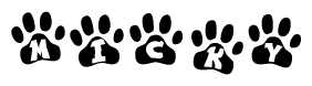 The image shows a series of animal paw prints arranged horizontally. Within each paw print, there's a letter; together they spell Micky