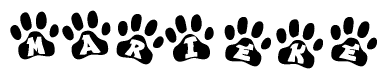The image shows a series of animal paw prints arranged in a horizontal line. Each paw print contains a letter, and together they spell out the word Marieke.