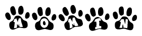 The image shows a row of animal paw prints, each containing a letter. The letters spell out the word Momin within the paw prints.