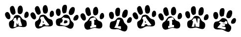 The image shows a row of animal paw prints, each containing a letter. The letters spell out the word Madilaine within the paw prints.