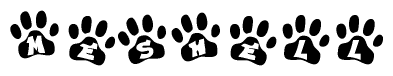 The image shows a series of animal paw prints arranged in a horizontal line. Each paw print contains a letter, and together they spell out the word Meshell.