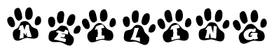 The image shows a series of animal paw prints arranged horizontally. Within each paw print, there's a letter; together they spell Meiling
