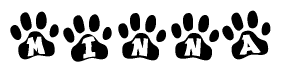 The image shows a series of animal paw prints arranged in a horizontal line. Each paw print contains a letter, and together they spell out the word Minna.