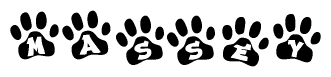 The image shows a series of animal paw prints arranged in a horizontal line. Each paw print contains a letter, and together they spell out the word Massey.